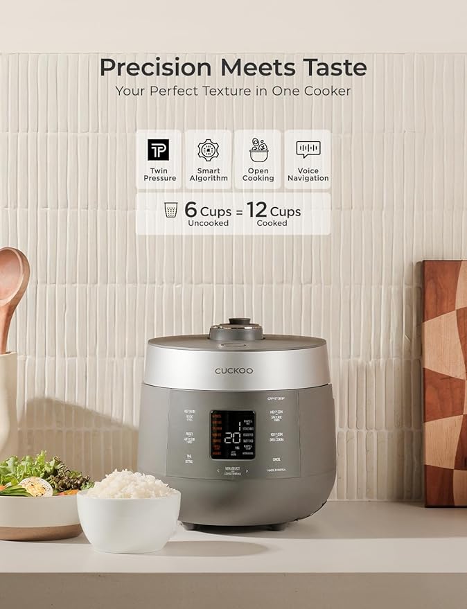 CUCKOO Twin Pressure Rice Cooker 6-Cup Uncooked / 12-Cup Cooked with Nonstick Inner Pot, Versatile Rice Maker & Warmer with 16 Menu Options, Open Cooking Mode, Voice Guide, Gray (CRP-ST0609FG)