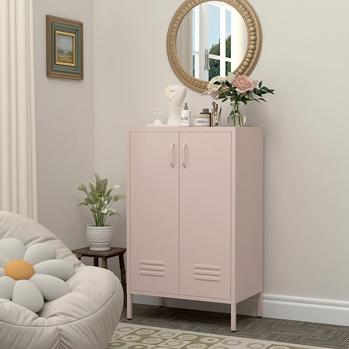 Storage Cabinet,2 Doors Locker Cabinet with Legs,Entryway Cabinet with Adjustable Shelves,Metal Locker Storage Cabinets for Office,Classroom,Bedroom,Pink
