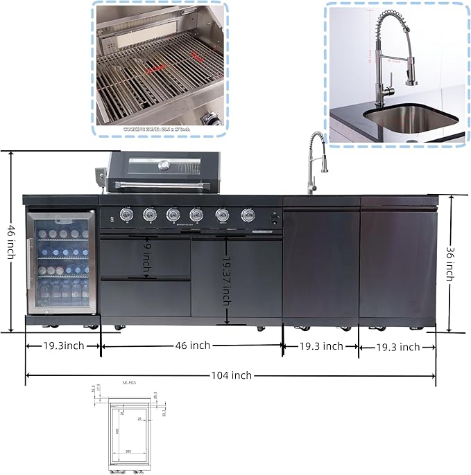 104 Inch Deluxe Stainless Steel Natural Gas Outdoor Kitchen Island Grill - 4-Burner 72000 BTU, 4 modular units for flexible and versatile combinations, Black