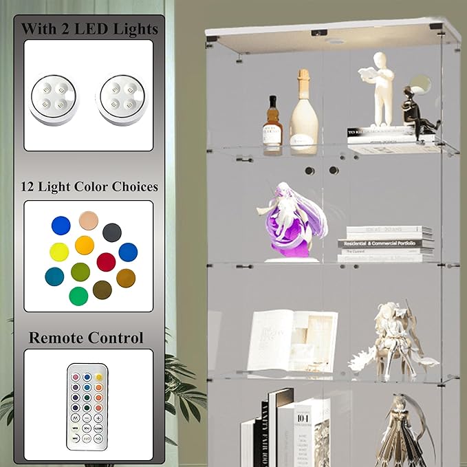 Frameless Glass Display Cabinet, Curio Cabinet Display Case with LED Lights and Lock, 2 Doors Quick-Install Floor Standing Showcase Display Shelf for Collectibles, Legos, Figures, Plants