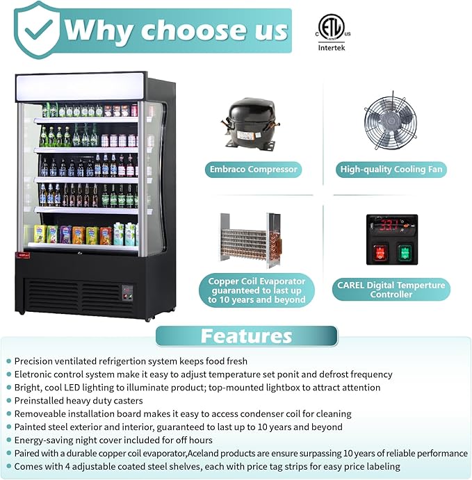 WESTLAKE Open Air Merchandiser Commercial Refrigerator with Night Curtain 34 Cu.ft 45.7” W 32.5" D Upright Fan Cooling Display Cooler for Stores, Supermarkets, Bar, Shops, etc