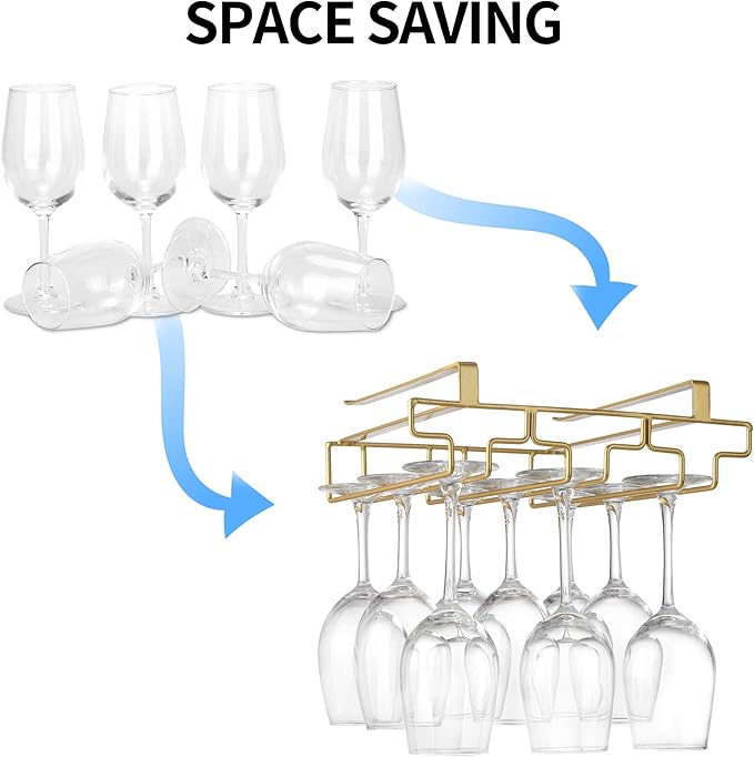 Wine Glass Rack Under Cabinet, Drilling Free No Screw Steamware Holder Under Shelf Metal Wine Glasses Holders 304 Stainless Steel Hanger Storage Organizer Hanging Glass Fit for Bar Kitchen 3 Rows Gold
