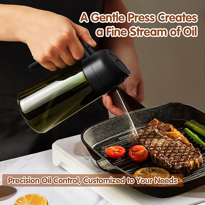 YARRAMATE 16oz/470ml Light-Blocking Dark Oil Sprayer for Cooking, 2 in 1 Olive Oil Dispenser Bottle for Kitchen, Premium Dark Green Glass Oil Bottle, Food-Grade Oil Mister for Air Fryer, BBQ (Black)