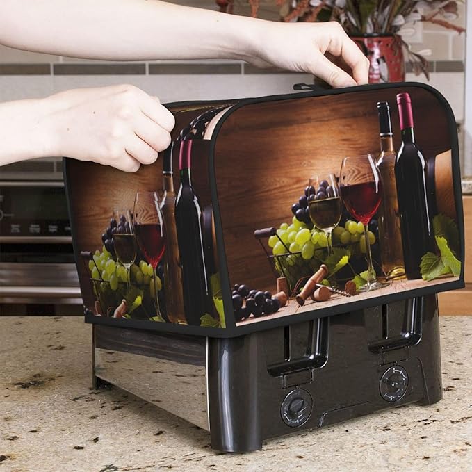 Red Wine Glasses Grape Wooden 4 Slice Toaster Cover, Waterproof Toaster Dust Bread Maker Protective Cover For Small Kitchen Appliance Dining Room Table Home Decor Gifts