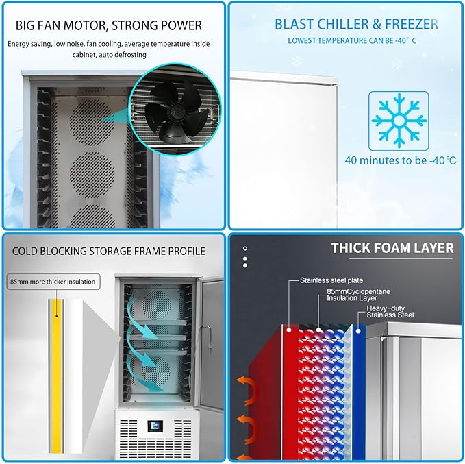 Kolice Commercial Restaurant 10 Trays Blast Chiller, Blast Freezer, Freezer, Chest Freezer for Hard Ice Cream, Fresh Meat, Chicken, Pastry, Fish in Hotels, Bars, Canteens, School, Bakery -40°F