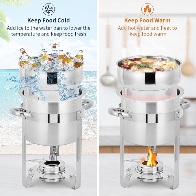 GarveeHome 11QT Soup Chafer Set of 2, Stainless Steel Round Soup Warmer with Pot, Notched Lids & Fuel Holders, Commercial Food Warmer for Buffets, Events and Party Service