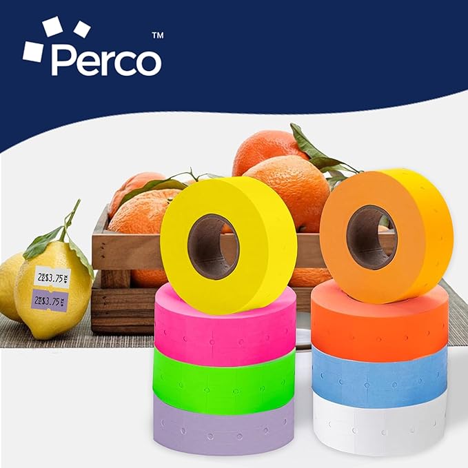 Perco 1 Line Multicolored Sleeves—80 Rolls, 10 Sleeves, 80,000 Labels for Perco Lite, X, Plus & Pro Guns—Includes White, Yellow, Blue, Lavender & Fluorescent Colors (Red Green Pink Orange)—Made in USA