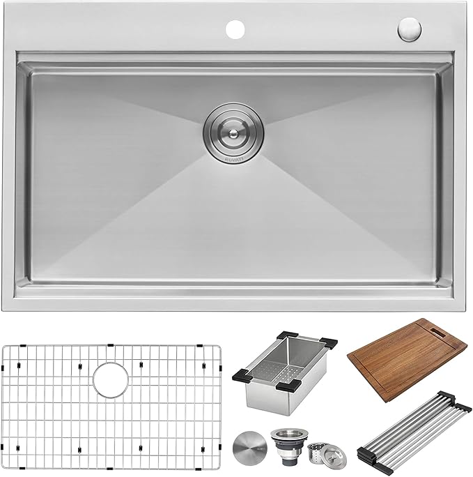Ruvati 33 x 22 inch Workstation Drop-in Topmount Kitchen Sink 16 Gauge Stainless Steel Single Bowl - RVH8003