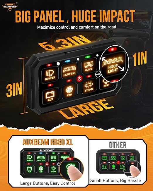 Auxbeam 8 Gang Switch Panel RB80 XL 5.3 Inch RGB Switch Pod Toggle Momentary Pulsed 12-24V Led Switch Panel Auxiliary Circuit Control Relay System for Truck Car Offroad UTV Waterproof 2 Years Warranty
