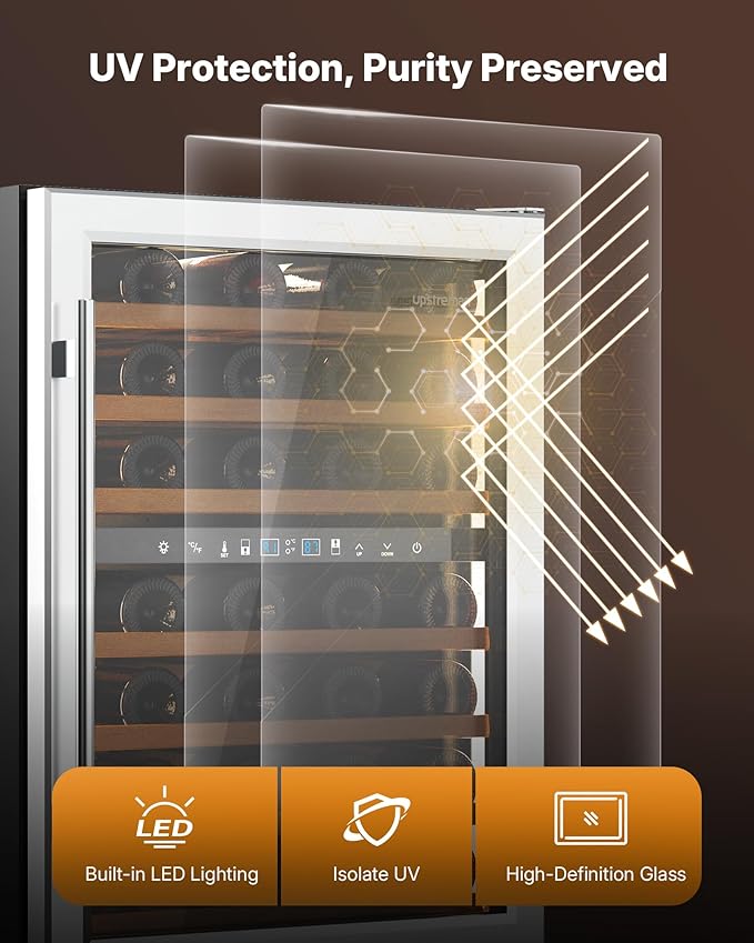 Upstreman 24 Inch Wine Fridge, 54 Bottles Dual Zone Wine Cooler Refrigerator, Small Built-in or Freestanding Wine Fridge with Stainless Steel Glass Door for Home, Office, or Kitchen, W54