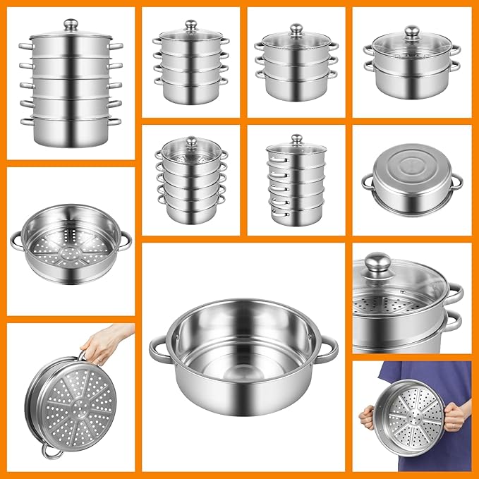 Steamer 26cm/10.24in, 5-tier Stainless Steel Steam Cooker w/Clear Glass Lid & Handles, Home Round Stackable Multipurpose Steam Pot for All Stoves, 12.59 * 15.74in (1xBottom Pot, 4xSteaming Baskets)