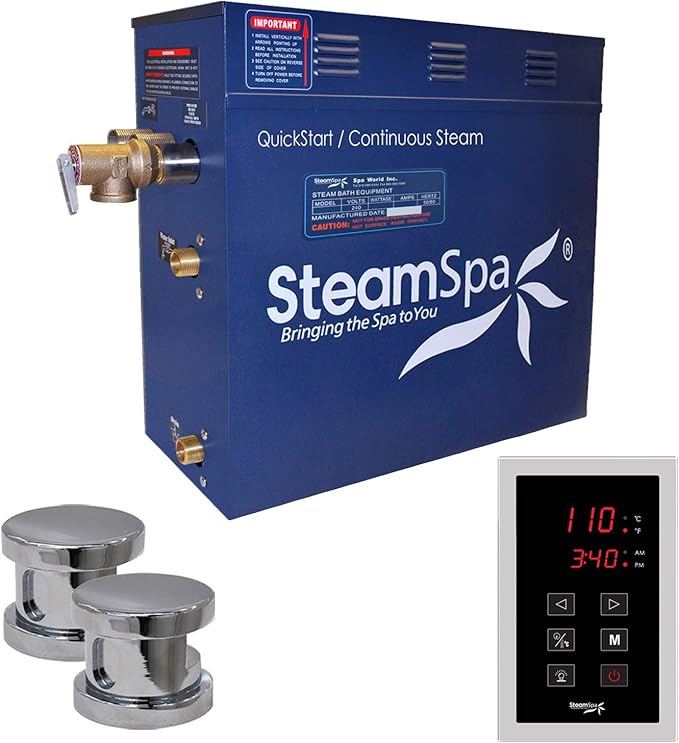 STEAMSPA 10.5kW Steam Sauna Generator Sentry Series 240V Steam Generator with Touch Screen, Steamhead, Built-in Steam Shower Auto Drain, ACU Quickstart Steam Bath Generator (Chrome)