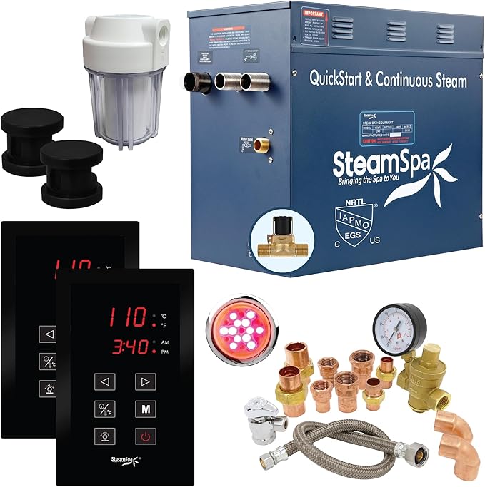 SteamSpa Executive 12 KW QuickStart ACU-Steam Bath Generator Package with Built-in Auto Drain and Install Kit in Matte Black | Steam Generator Kit with Dual Control Panel Steamhead 240V | EXT1200MB-A