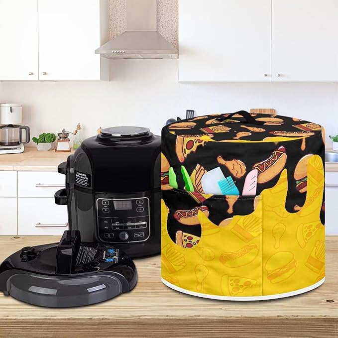 3 Quart Pressure Cooker Small Appliance Covers, Washable Dust Cover for Air Fryer Rice Cooker Kitchen Appliance Accessories with Storage Pockets, Pizza and Burger Print