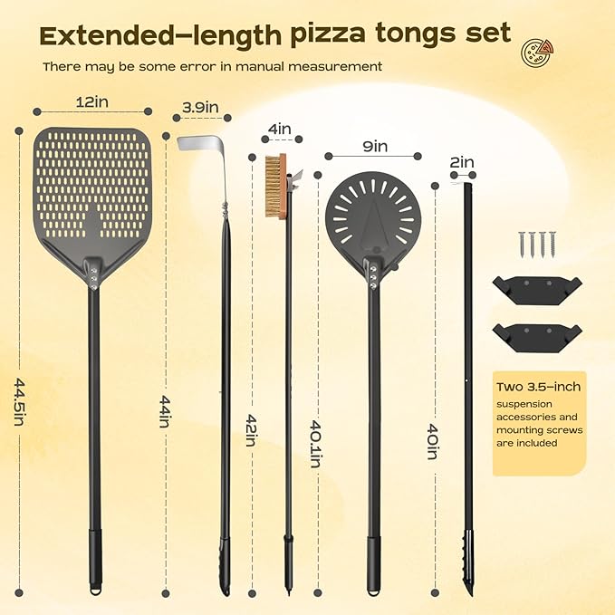 5-Piece Pizza Oven Kit, 9 Inch Turning Peel & 12 Inch Perforated Pizza Peel with 40 Inch Aluminum Handle, Pizza Oven Brush, Ash Rake, Pizza Fork for Home & Commercial Use