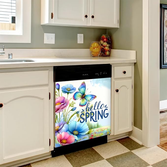 Butterfly Flower Summer Dishwasher Magnet Cover for The Front Dishwasher Door Cover Panel Decals Magnetic Refrigerator Cover for Kitchen Farmhouse Home Decor 23 X 26 in