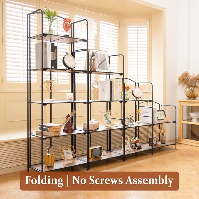 Crofy No Assembly Folding Bookshelf for Living Room, 2 Tier Black Collapsible Book Shelf for Home Office, Portable Bookcase Storage Organizer