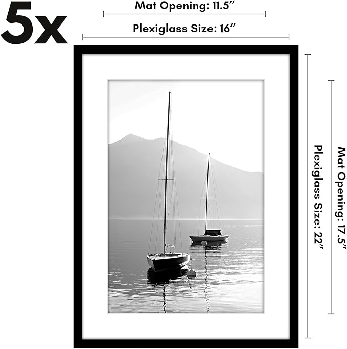 Americanflat 16x22 Picture Frame with Polished Plexiglass - Set of 5 - Use as 12x18 Frame with Mat or Display 16x22 Photo Without Mat - Galleria Collection - Picture Frames for Wall Display - Black