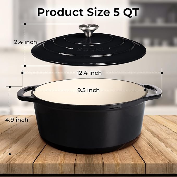 Zulay Kitchen 5 Quart Enameled Cast Iron Dutch Oven Pot with Lid – Premium Durability & Oven Safe up to 500°F – Heavy Duty Cookware Perfect for Bread Baking, Stews, Braising & Roasting – Black