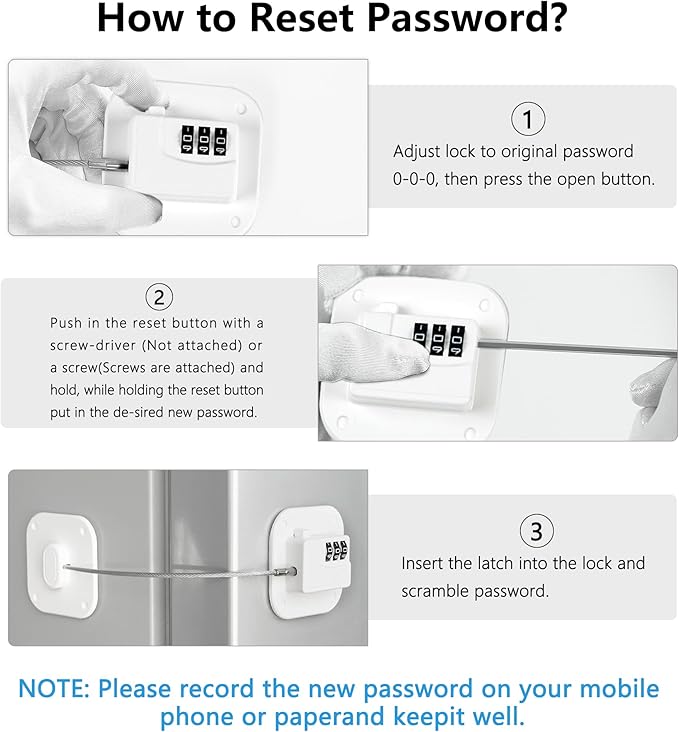 Refrigerator Lock, Heavy Duty Fridge Lock, Combination Lock for Refrigerator Cabinets, Drawers, Safety, Easy Install No Keys Needed (White-3Pack)