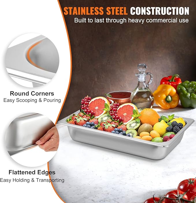 VEVOR Hotel Pans Full Size 4-Inch Deep, Steam Table Pan 6 Pack,0.8mm Thick Stainless Steel Anti Jam Steam Table Pan for Home, Party, Restaurant, Hotel, Buffet