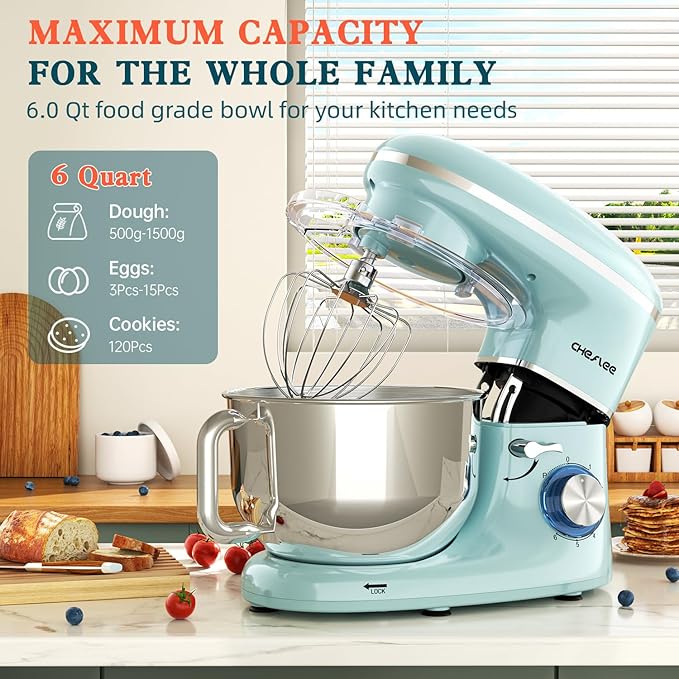 CHeflee Stand Mixer,660W 6+P With 6.5QT Stainless Steel Bowl,Dough Hook, Wire Whip & Beater,for Most Home Cooks (Blue)