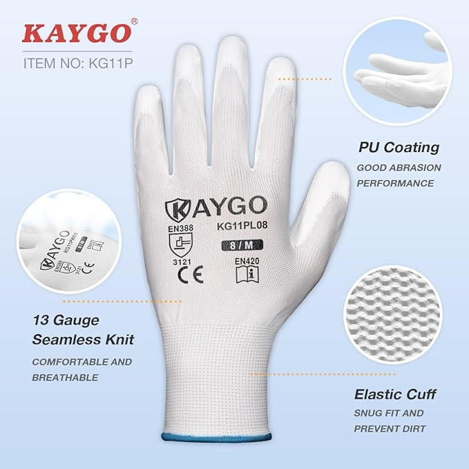 KAYGO Safety Work Gloves PU Coated-60 Pairs,KG11P Seamless Knit Glove with Polyurethane Coated Smooth Grip on Palm&Fingers, for Men and Women, Ideal for General Duty Work (X-Large, White)