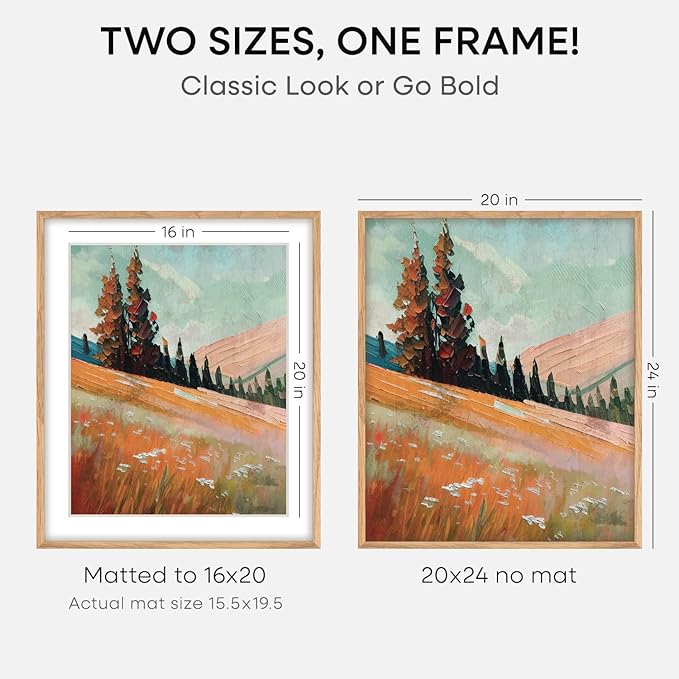 Homeforia 20x24 Picture Frame Wood, High End Natural Oak 20x24 Frame Matted to 16x20 Photo, 20 x 24 Light Wooden Poster Frames with Mat 16 by 20, 24by20 Thin Frames, Tempered Glass, Wall Kit, Set of 3