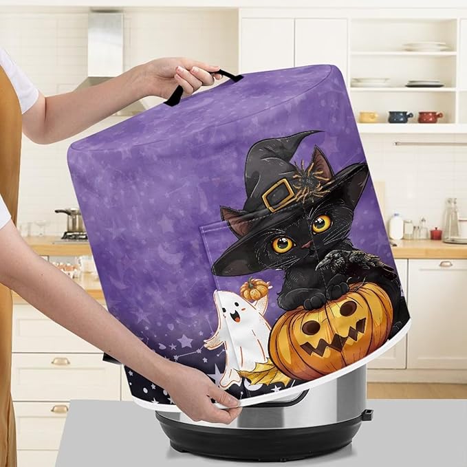 Halloween Cute Black Cat Pressure Cooker Dust Cover with Top Handle and Storage Pocket 6 Quart Air Fryer Rice Cooker Protector Covers Kitchen Appliance Decoration