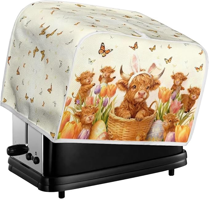 Easter Tulip 2 Slice Toasters Cover Anti-Stains Highland Cattle Print Bread Maker Covers with Handle Holiday Kitchen Decor Small Appliance Covers