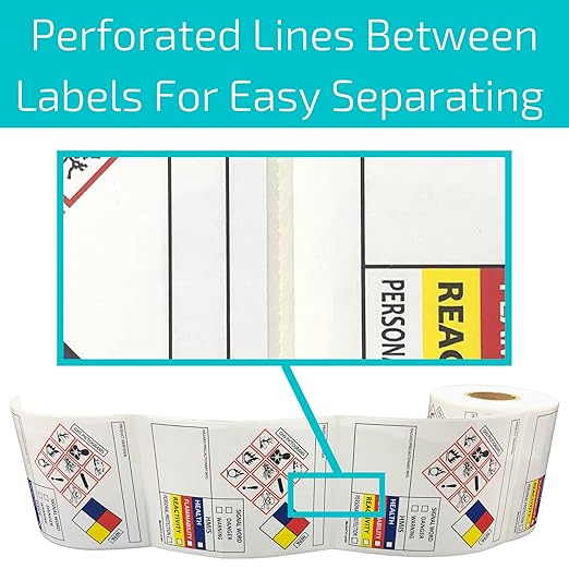 SDS OSHA Data Labels for Chemical Safety 4 x 3 Inches | Perforated Roll of 250 MSDS Stickers with GHS Pictograms & Easy Separating | HMIS & Hazard Compliant | for Secondary Containers