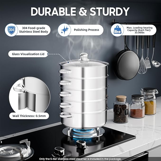 5 Tier Stainless Steel Steamer Cooker, 28cm Steam Pot Kitchen Food Cooking + Glass Lid Meat Vegetable Cooking Steam Pot Kitchen Cookware Food Steamer for Home Kitchen