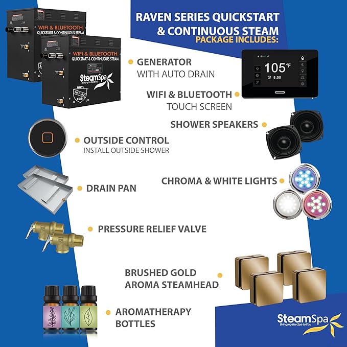 SteamSpa Steam System 24kW Steam Shower Generator with Bluetooth Wifi, Quickstart Continous Steam, Advanced Touch Pad Screen, Chroma Lights, Drain Pan and Auto Drain Gold RVBS2400GD-A
