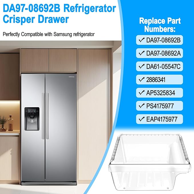 UPGRADED DA97-08692B Refrigerator Crisper Drawer Compatible with Samsung Fridge Drawer Replacement RS25J500DSG RS25J500DSR RS261MDRS RS25H5000SR Drawer for DA97-08692A Samsung Refrigerator Drawer