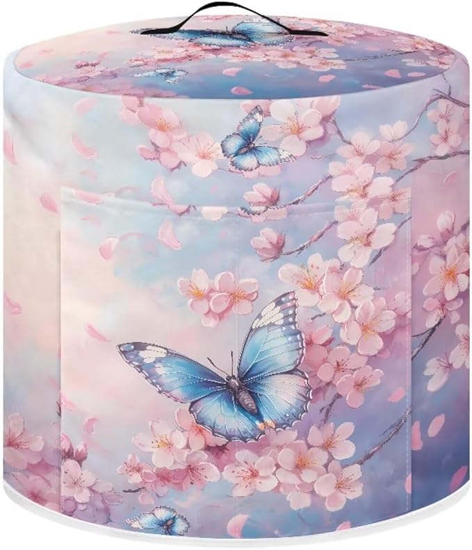 Xoenoiee Butterfly Pink Cherry Blossom Print Pressure Cooker Cover for Kitchen Appliance Dust Cover with Pockets for Rice Cooker Air Fryer Slow Cooker, for 3 Qt Pot