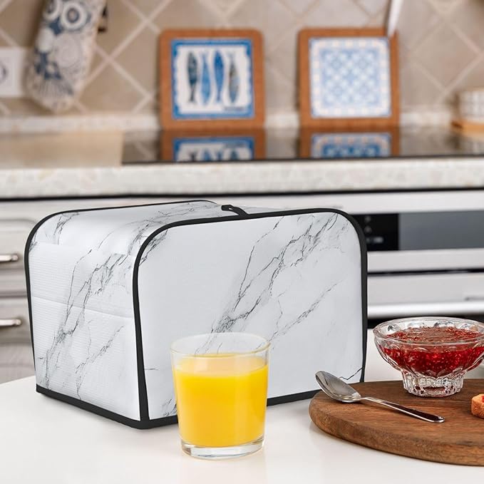 4 Slice Toaster Cover for Kitchen Marble White Gray Waterproof and Dustproof Oxford Fabric Toaster Dust Cover with Side Pockets Decorative Universal Cover for Wide Slot Toasters and Small Appliances