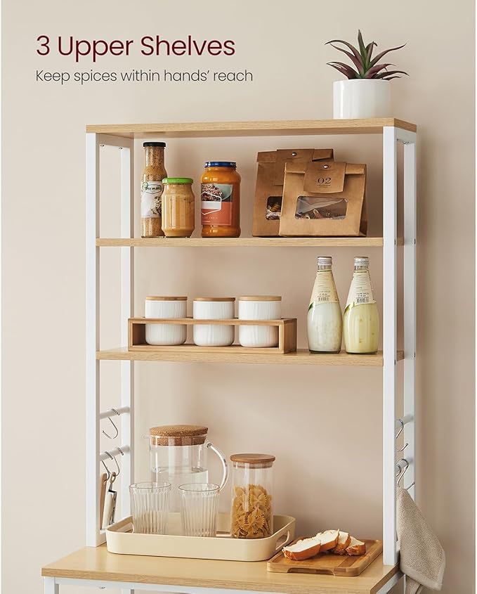 VASAGLE Coffee Bar, 23.6 Inches Baker's Rack for Kitchen with Storage, 6-Tier Kitchen Shelves with 6 Hooks, Microwave Stand, Modern, Golden Oak and Cloud White UKKS024W09
