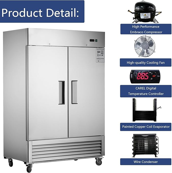 Commercial Refrigerator 54"W 2 Section 2 Solid Door Stainless Steel Interior and Exterior Construction Upright Fan Cooling