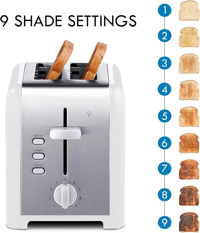 Kenmore toaster 2 slice - extra wide slot countertop kitchen appliance, defrost function, tostador de pan, 9 shade settings, easy clean crumb tray, bread bagel, stainless steel & White