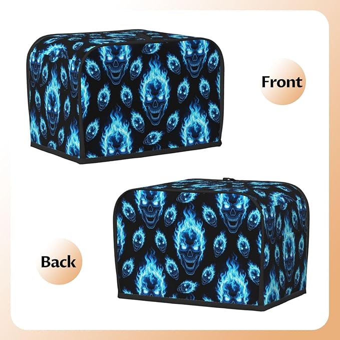 Polyester 2 Slice Toaster Dust Cover, Blue Fire Flame Skulls Fingerprint Protector with Pocket, Washable Kitchen Small Appliance Cover