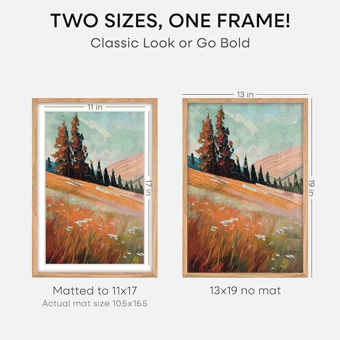 Homeforia 13x19 Picture Frame Wood, High End Natural Oak 13x19 Light Wooden Poster Frame with Mat 11x17, 13 x 19 Frames Matted to 11 x 17 Photo, 19x13 Hanging Frame, Tempered Glass, Wall Kit, Set of 3