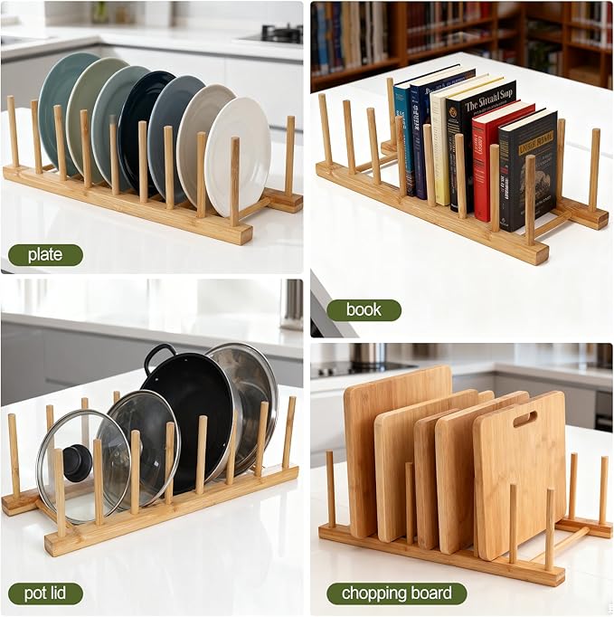 Bamboo Wooden Dish Rack for Cabinets,Plate Organizer for Cabinet Space Saver,Vertical Plate Holder for CabinetsPlates Organizer for Kitchen Cabinets Pot Cutting Board OrganizerDish Storage Rack Stand