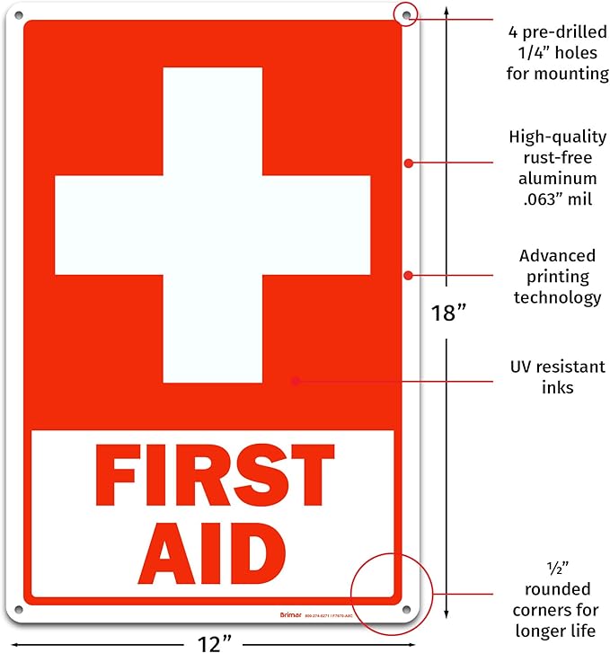 Brimar - 12 x 18" - First Aid Sign - .063″ White Rust-Free Aluminum - Clear Message - Large Size
