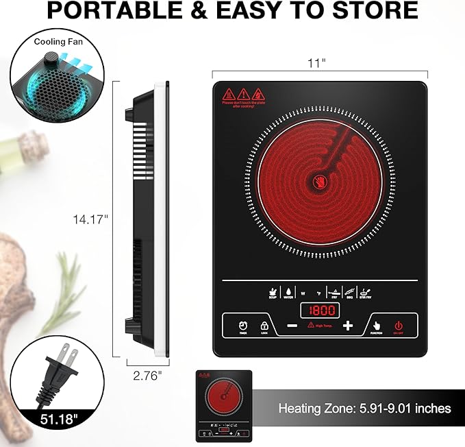 VBGK Single Burner Electric Cooktop,1800W Electric Stove Top Portable Cooktop LED Touch Control,8 Power Levels, Kids Lock