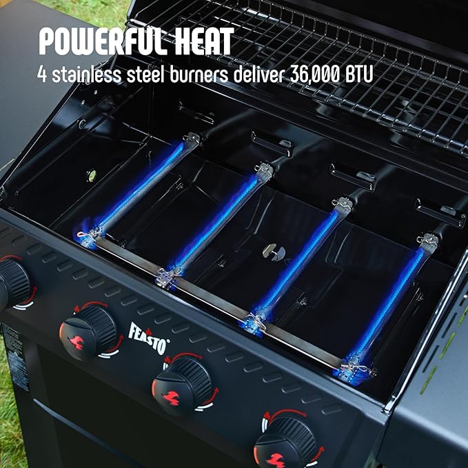 4 Burner Gas Grill, 36,000 BTU Outdoor BBQ Grill with Side Table for Outdoor Cooking & Backyard Barbecue, Premium Enameled Coated Chamber Body with Porcelain-Enameled Grates, Black