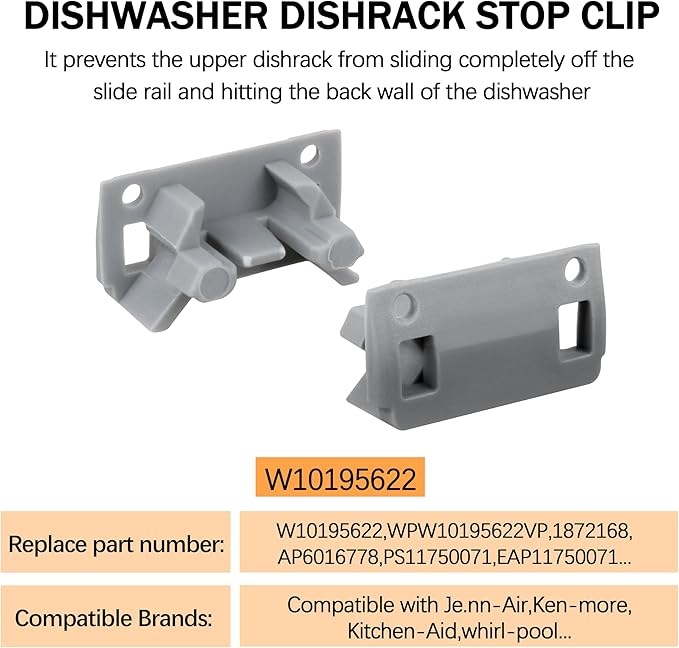 W10195622 Dishwasher Rack Stop Clip 6 Pack Dishrack Slide Rail Clips Fits for Whirl-pool Ken-more Replaces AP4566222 PS11750071
