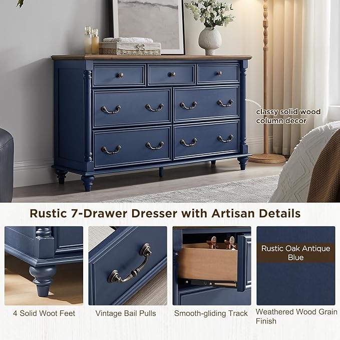 T4TREAM Farmhouse 7 Drawers Dresser Chests for Bedroom with 4 Solid Wood Feet, Tall Wide Wood Country Rustic Chest of Drawers, Storage Dressers for Bedroom, Living Room, Rustic Oak Antique Blue