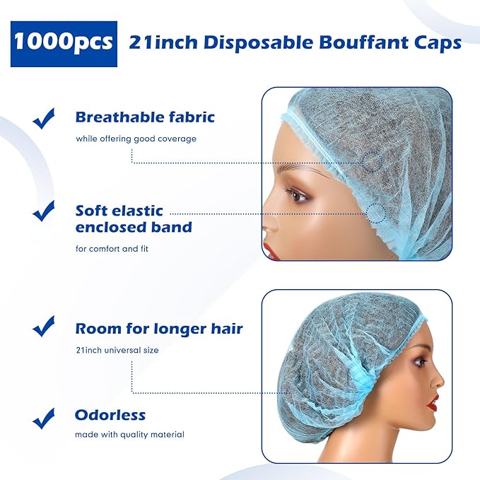 Yahenda 1000 Pcs Disposable Bouffant Caps Bulk Hair Nets 21" Non Woven Hairnet for Food Service Restaurant Lab Kitchen