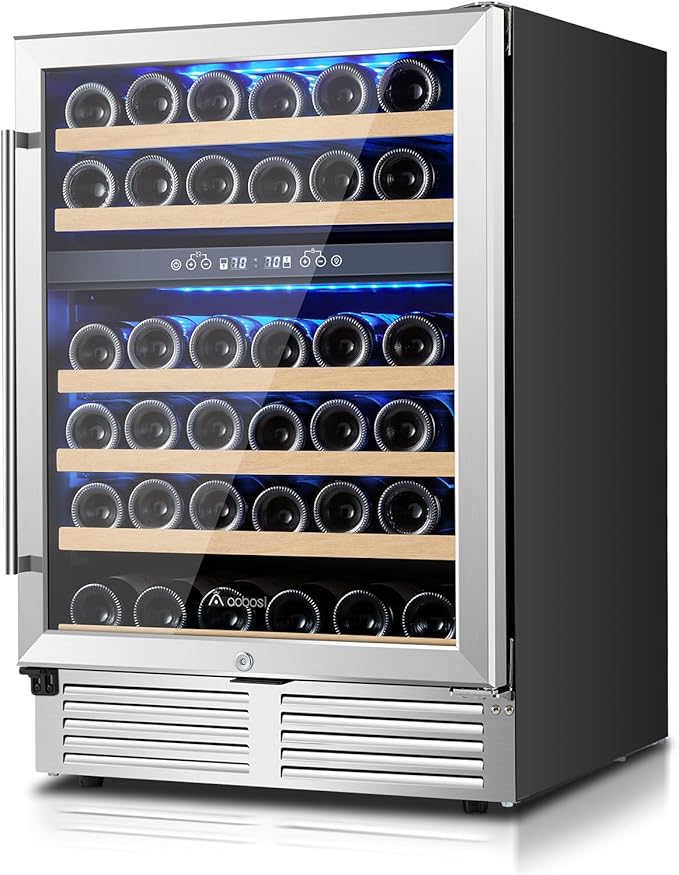 AAOBOSI 24 Inch Wine Cooler,46 Bottle -Dual Zone Built-in or Freestanding with Blue LED Light and Adjustable Shelves for Home,Kitchen or Office.