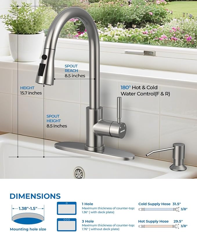 WEWE Kitchen Faucet with Soap Dispenser and Pull Down Sprayer, RV Single Handle Classic 3 Modes Stainless Steel Faucet for Kitchen Sink, RV, Stainless Steel
